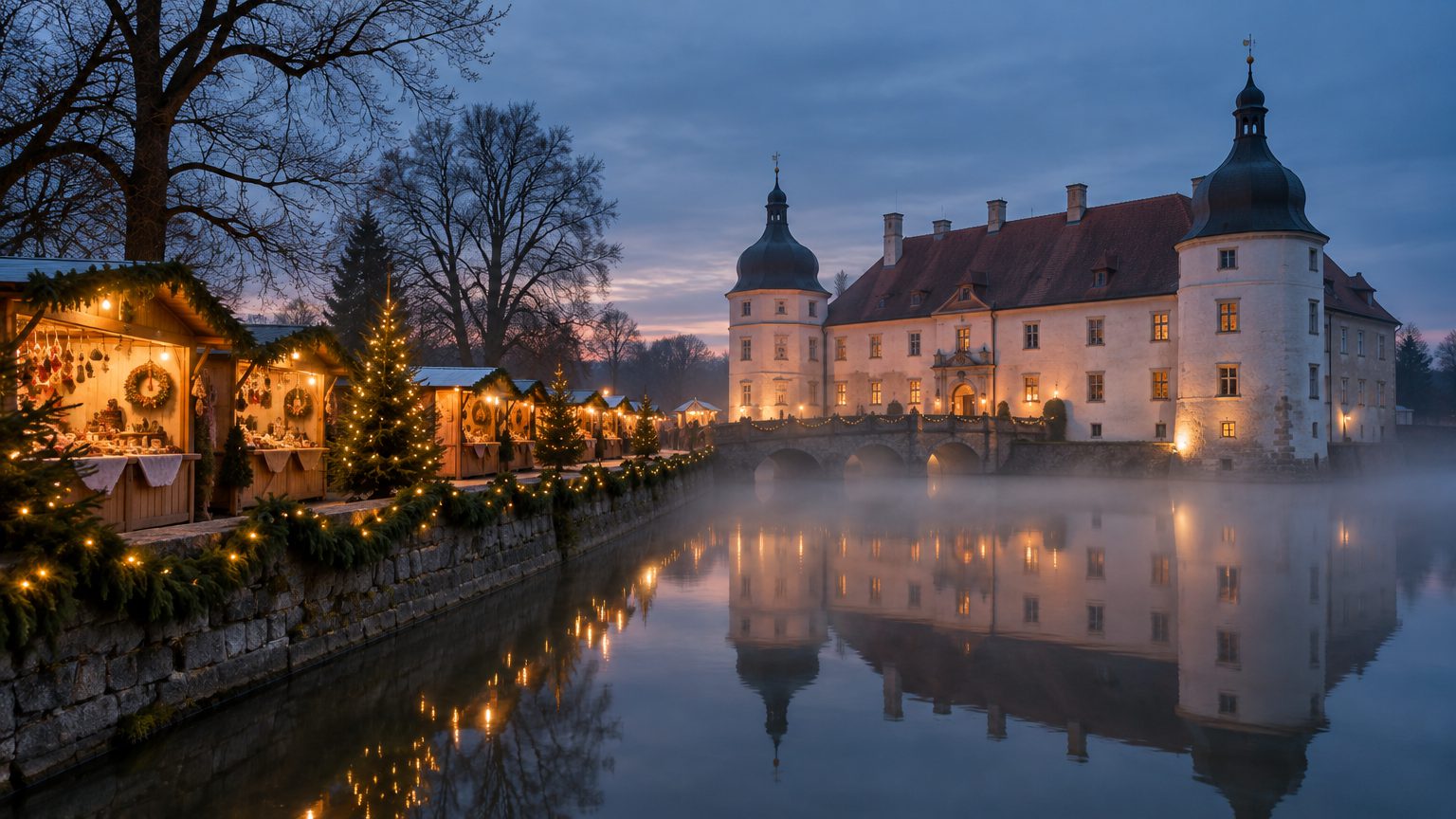 Symbolbild: ein Wasserschloss am frühen Abend, gespiegelt im Wasser des Grabens, am Ufer eine Reihe beleuchteter Marktstände mit Tannenzweigen