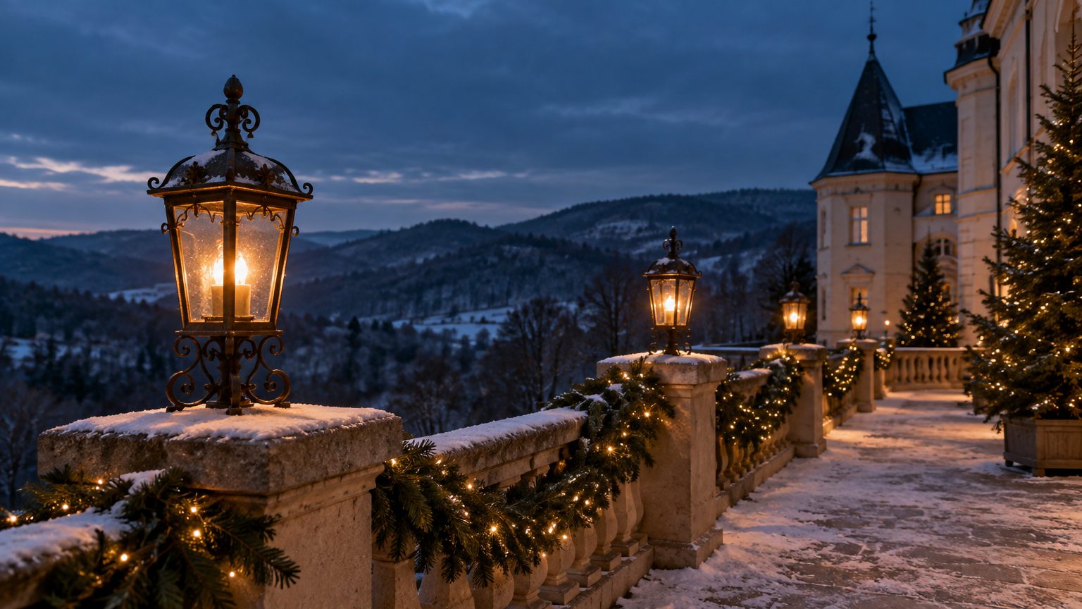 Symbolbild: eine beleuchtete Schlossterrasse an einem Dezemberabend, schmiedeeiserne Laternen auf der Brüstung, Tannengirlanden am Geländer, dahinter bewaldete Hügel