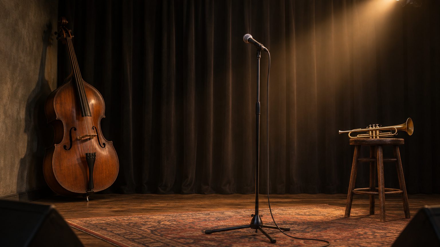 Symbolbild: eine leere kleine Bühne vor dem Konzert, ein Kontrabass an der Wand, ein Mikrofonständer und eine Trompete auf einem Hocker