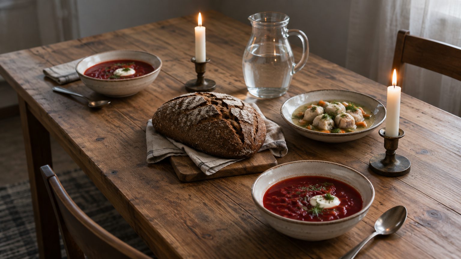 Symbolbild: ein gedeckter Holztisch mit einem Laib dunklem Brot, zwei Suppentellern, einem Wasserkrug und brennenden Kerzen