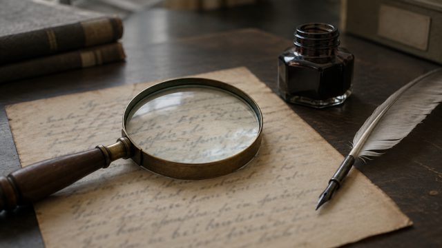 Symbolbild: eine Leselupe auf einem vergilbten Papierbogen neben Tintenfass und Federkiel, die Schrift darunter unscharf und unleserlich
