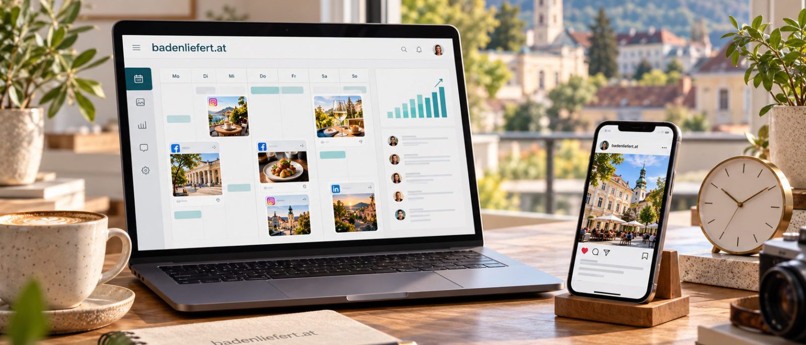 Symbolbild: Laptop mit einem Redaktionskalender für Social-Media-Beiträge, daneben ein Smartphone mit einem Instagram-Beitrag, im Hintergrund Altstadthäuser