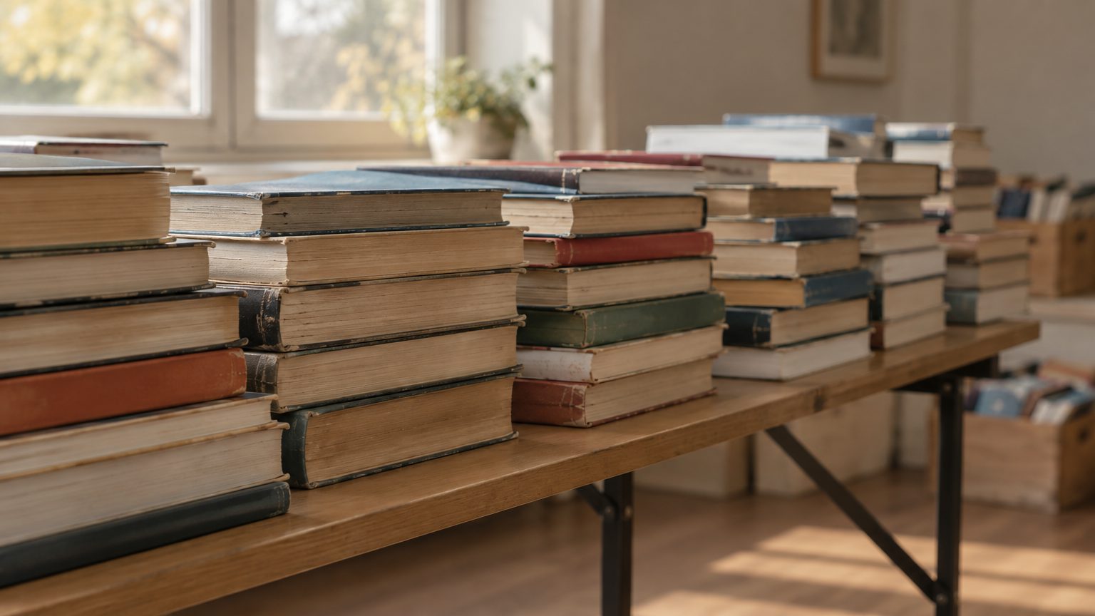 Symbolbild: gestapelte gebrauchte Bücher auf einem Klapptisch, von der Seite gesehen, nur Schnittkanten und Rücken sichtbar