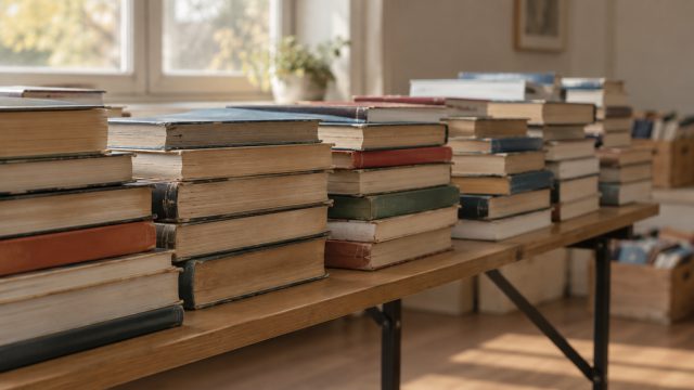 Symbolbild: gestapelte gebrauchte Bücher auf einem Klapptisch, von der Seite gesehen, nur Schnittkanten und Rücken sichtbar