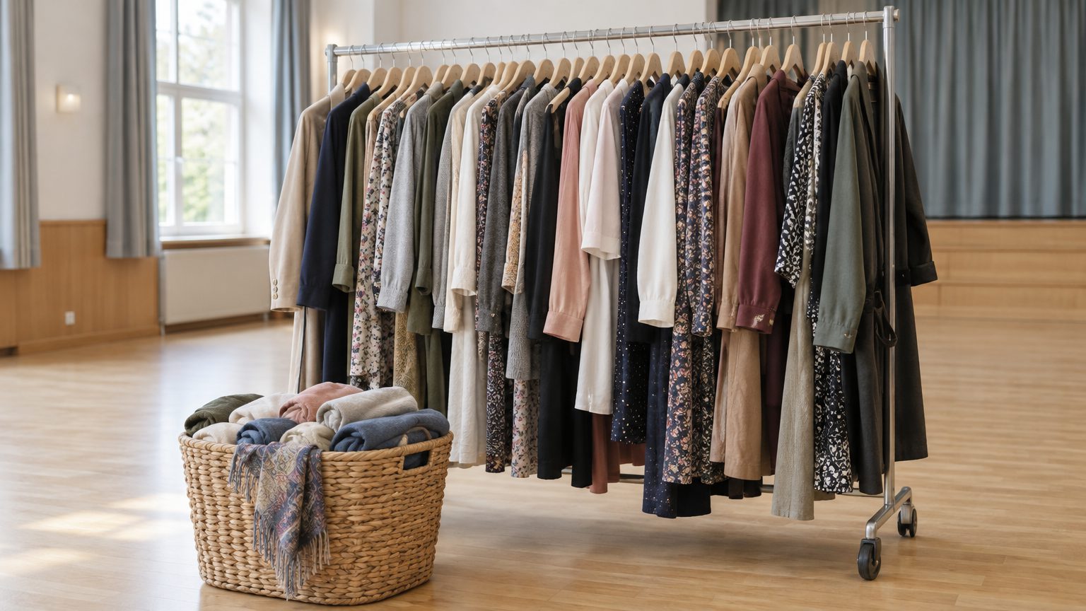 Symbolbild: eine Kleiderstange mit gebrauchter Damenkleidung in gedeckten Farben, davor ein Korb mit zusammengelegten Tüchern