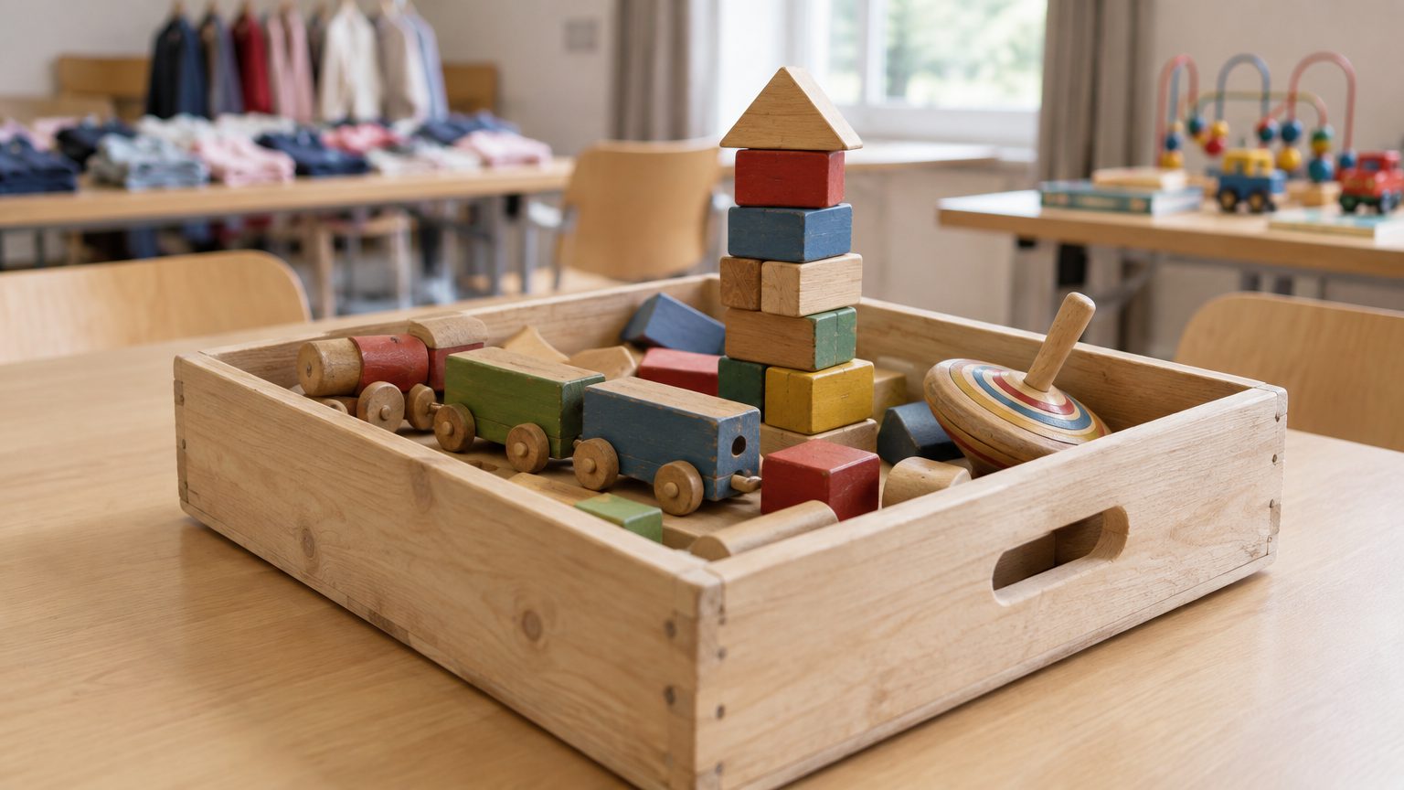 Symbolbild: eine Holzkiste mit gebrauchtem Holzspielzeug, Bauklotzen, Eisenbahnwaggons und einem Kreisel auf einem Tisch