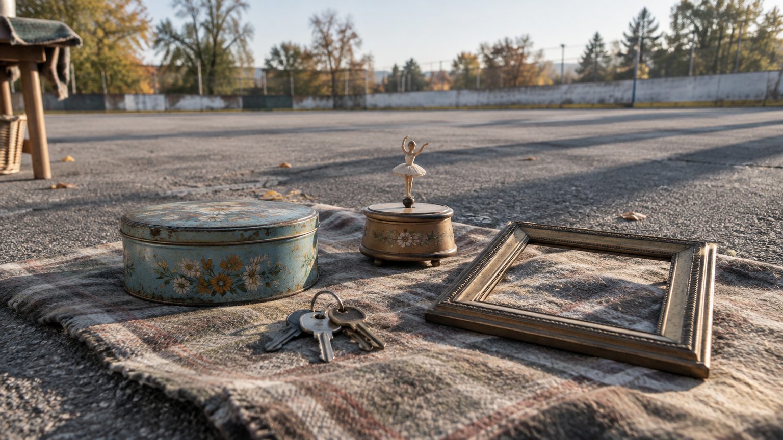 Symbolbild: eine Wolldecke auf Asphalt mit gebrauchten Kleinigkeiten, Blechdose, Schlüsselbund, Spieluhr und leerem Bilderrahmen