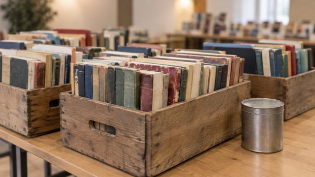 Symbolbild: Obstkisten aus Holz voller aufrecht stehender Bücher, daneben eine schlichte Blechdose, die Buchrücken unscharf