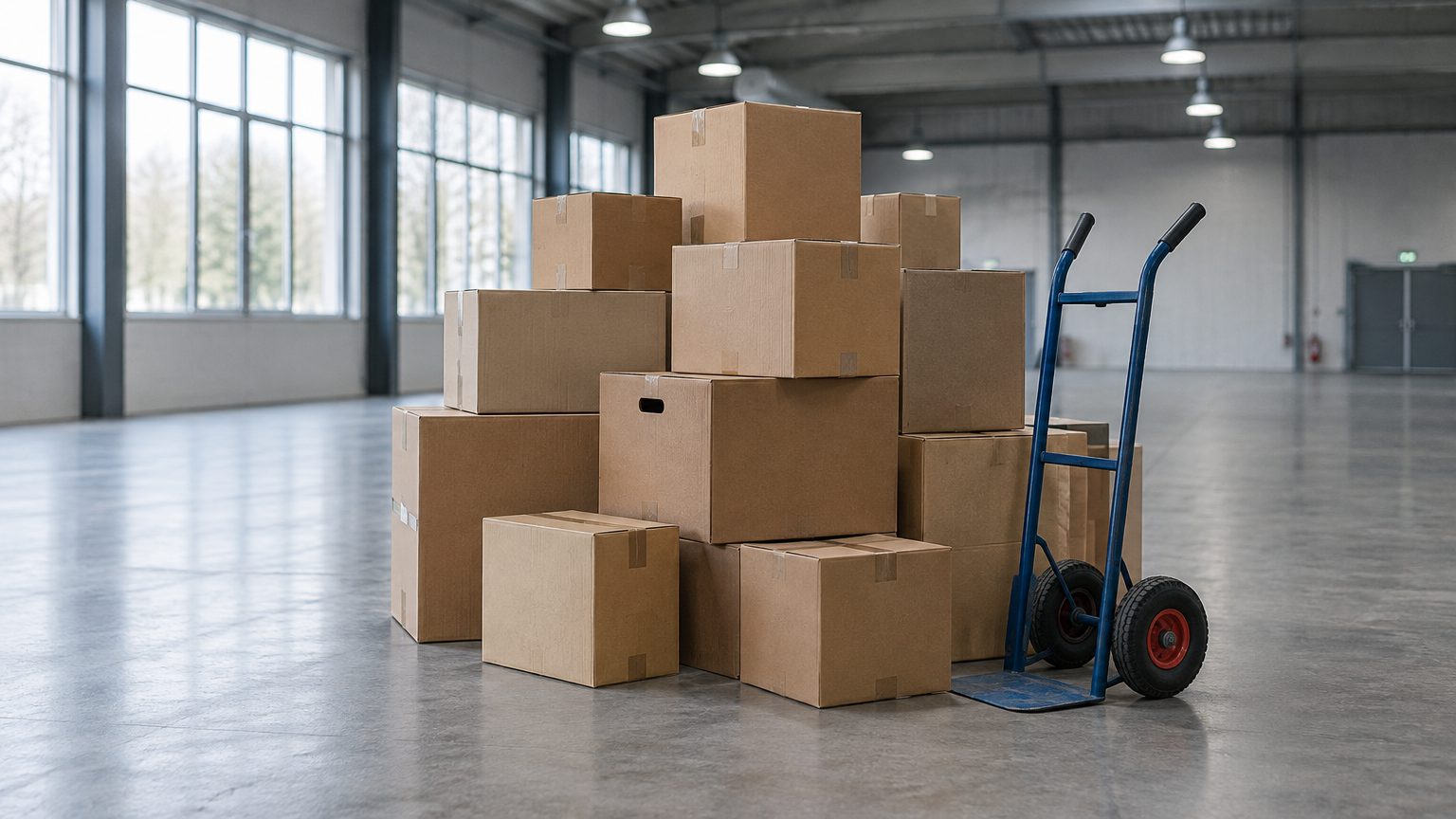 Symbolbild: gestapelte Umzugskartons in einer hohen Halle, daneben eine Sackkarre auf Betonboden