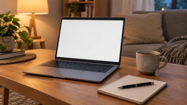 Symbolbild: ein aufgeklappter Laptop am Abend auf einem Wohnzimmertisch, daneben Notizblock und Teetasse, der Bildschirm zeigt eine neutrale helle Fläche