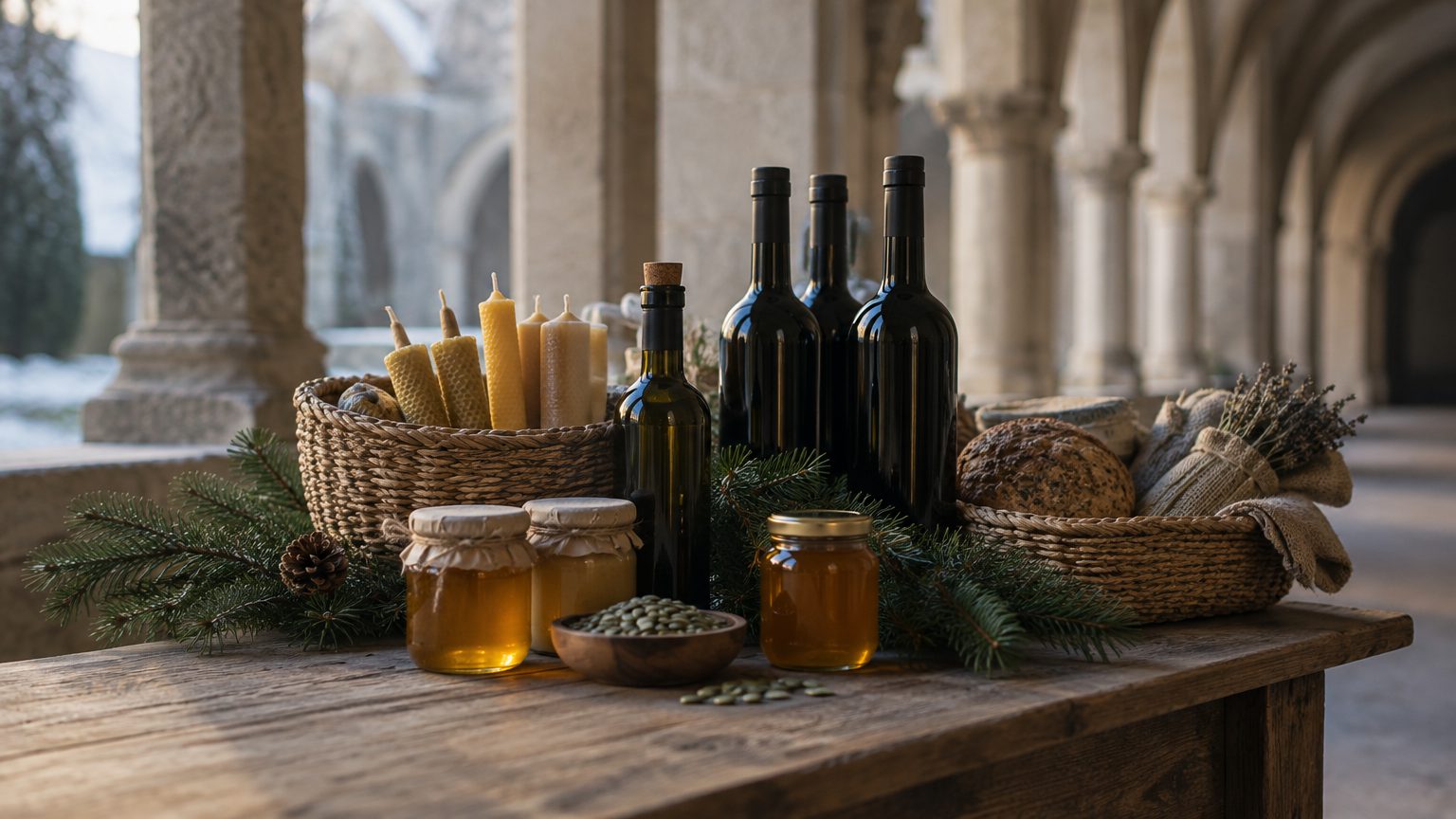 Symbolbild: ein Holztisch unter den Säulen eines Kreuzgangs, darauf Honiggläser, Bienenwachskerzen, Flaschen ohne Etikett, Körbe mit Brot und Tannenzweige, draußen liegt Schnee