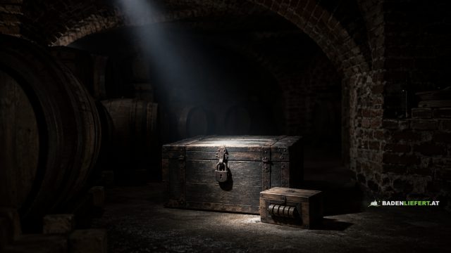 Symbolbild: ein einzelner Lichtkegel fällt in einem dunklen Gewölbe auf Weinfässer und eine Truhe mit Vorhängeschloss