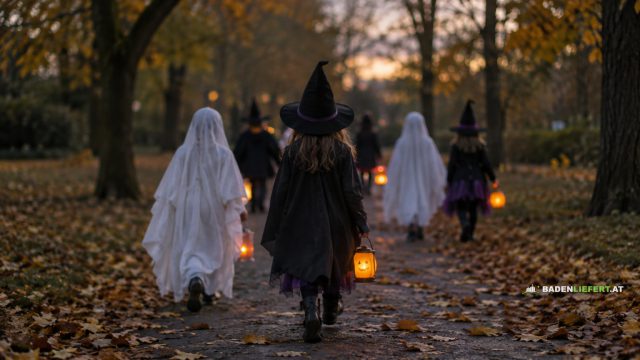 Symbolbild: als Gespenster und Hexen verkleidete Kinder gehen von hinten gesehen mit Laternen einen herbstlichen Parkweg entlang