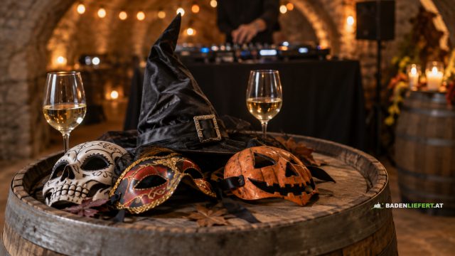 Symbolbild: Halloween-Masken und ein Hexenhut auf einem Weinfass, dahinter unscharf ein DJ-Pult und Partylichter