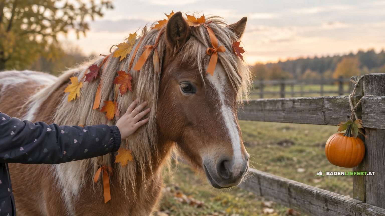 Symbolbild: Pony mit Herbstlaub und Bändern in der Mähne an einem Holzzaun, daneben ein Kürbis