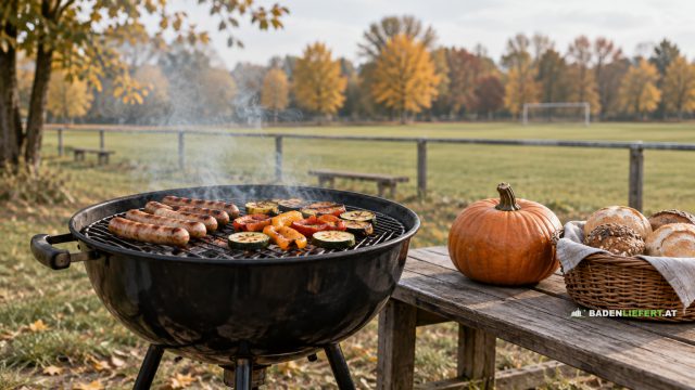 Symbolbild: Grill mit Würsteln und Gemüse am Rand eines Sportplatzes im Herbst, daneben Kürbis und Brotkorb