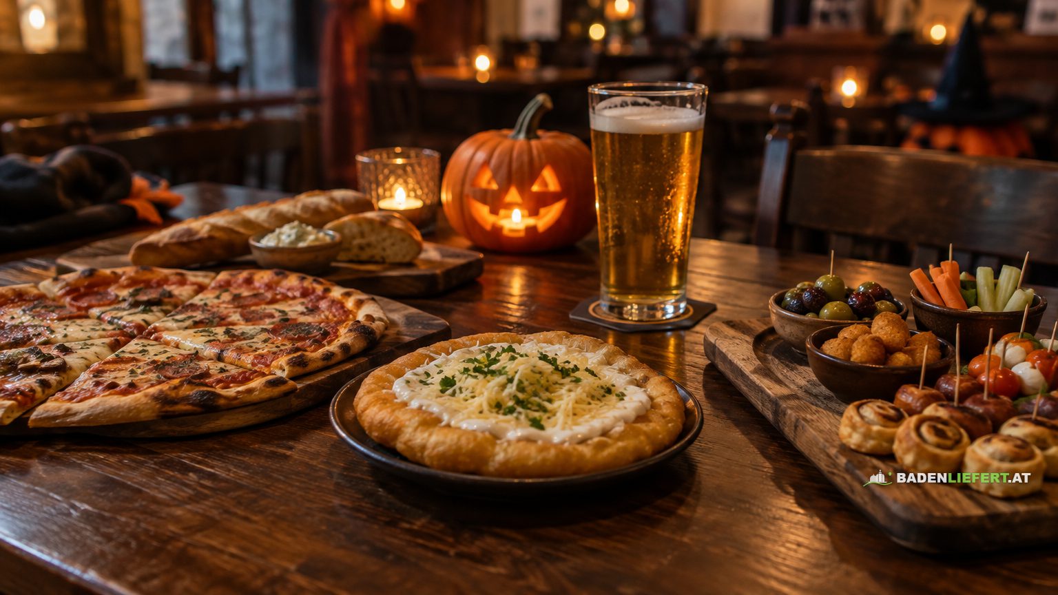 Symbolbild: Pizza, Lángos, Baguette, Fingerfood und ein Bier auf einem Holztisch, dahinter ein leuchtender Kürbis